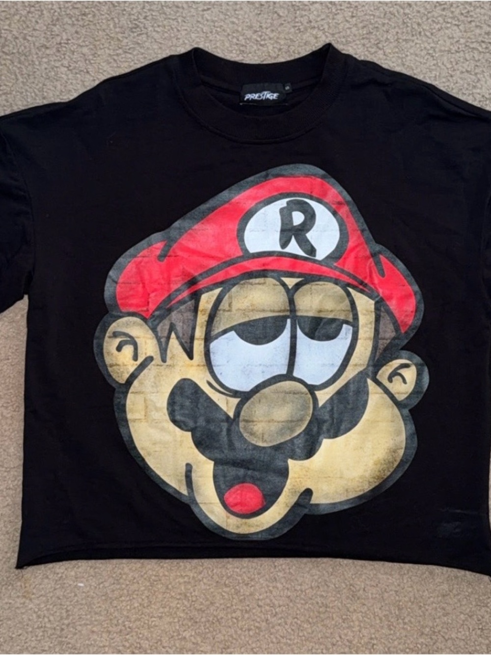New Prestige Black Graphic Tee with Red Cap Mario Bro Cartoon Face
